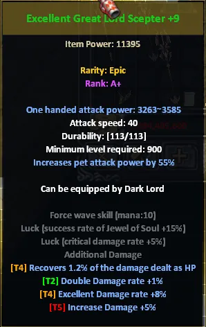 An item's in-game description: Excellent Great Lord Scepter +9, Item Power 11395, Epic rarity, Rank A+, and excellent options marked with tiers T2, T4 and T5.