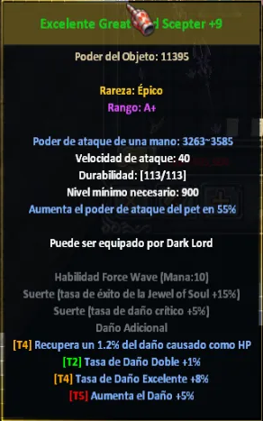 Descripción de un ítem en el juego: Excelente Great Lord Scepter +9, Poder del Objeto 11395, Rareza Épico, Rango A+, y opciones excelentes marcadas con los tiers T2, T4 y T5.