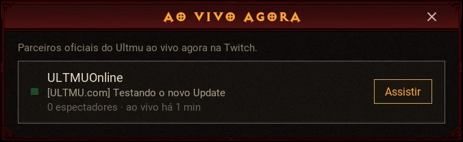 Janela Ao vivo agora: nome do canal, título da transmissão, espectadores e o botão Assistir.