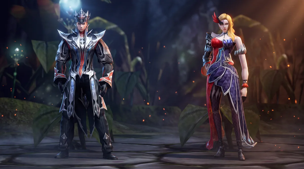 Two characters wearing the Founder skin in a clearing at night: a warrior in dark armour with silver trim and a crown, and a mage in red and purple robes.
