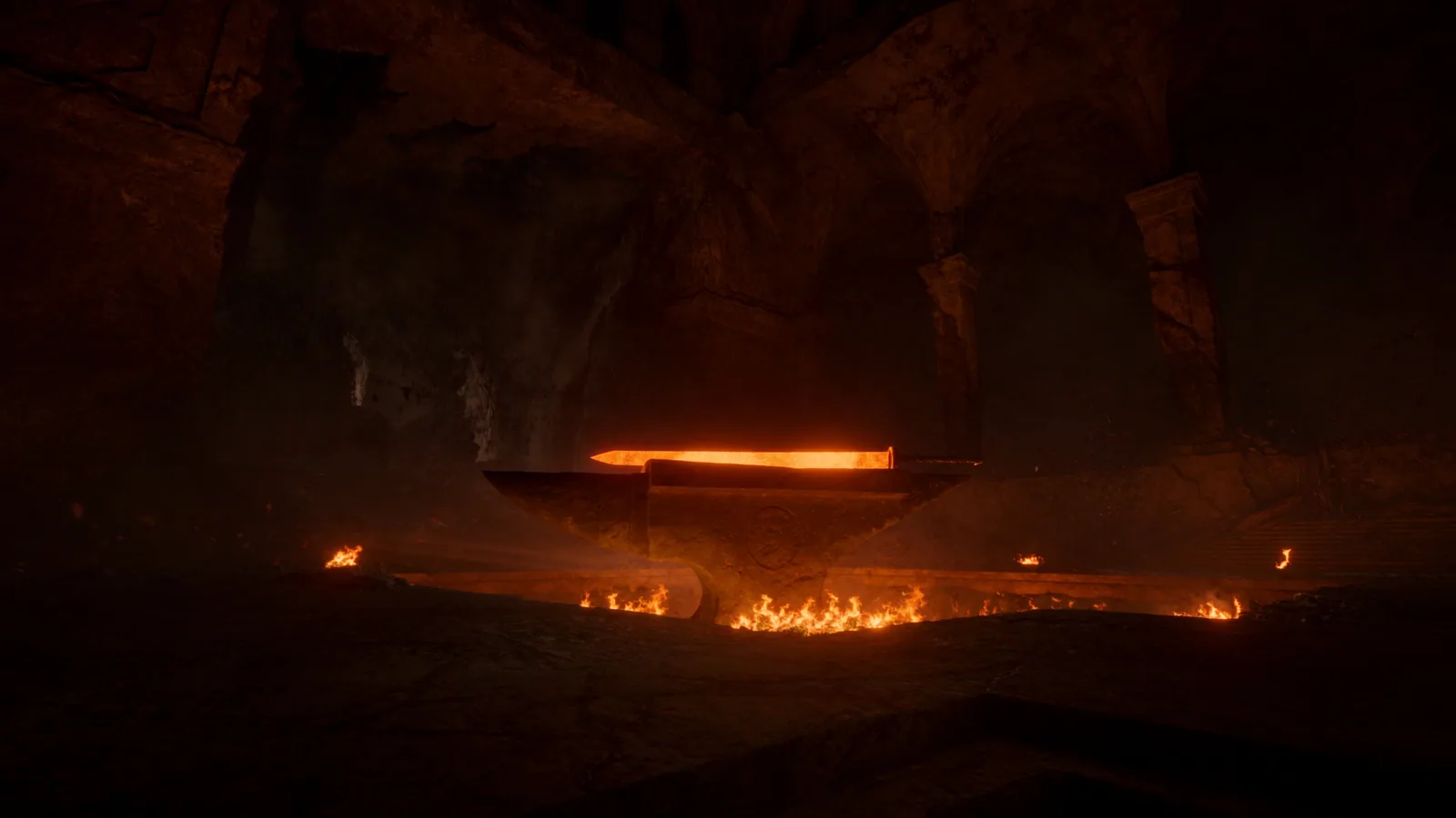 An iron anvil in an underground forge of dark stone, a sword still glowing red on top of it and a pit of live embers burning just below.