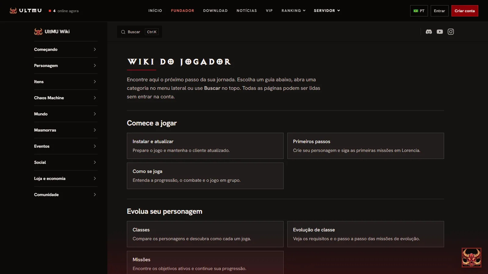 Página inicial da Wiki do UltMU, com o menu de categorias e os atalhos Comece a jogar e Evolua seu personagem