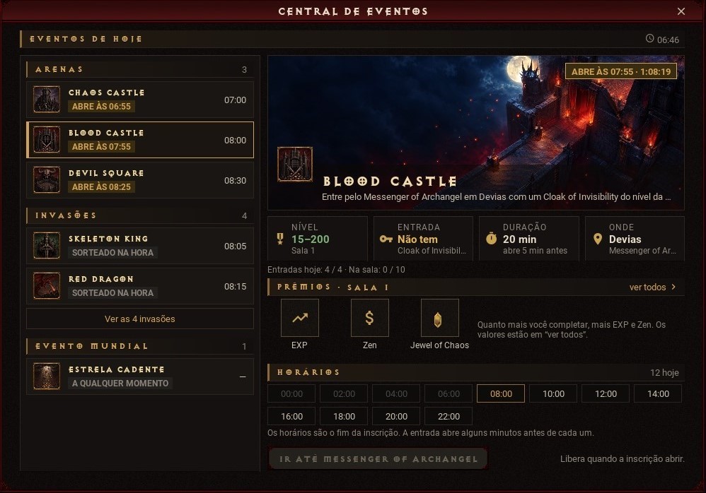 Janela da Central de Eventos no jogo