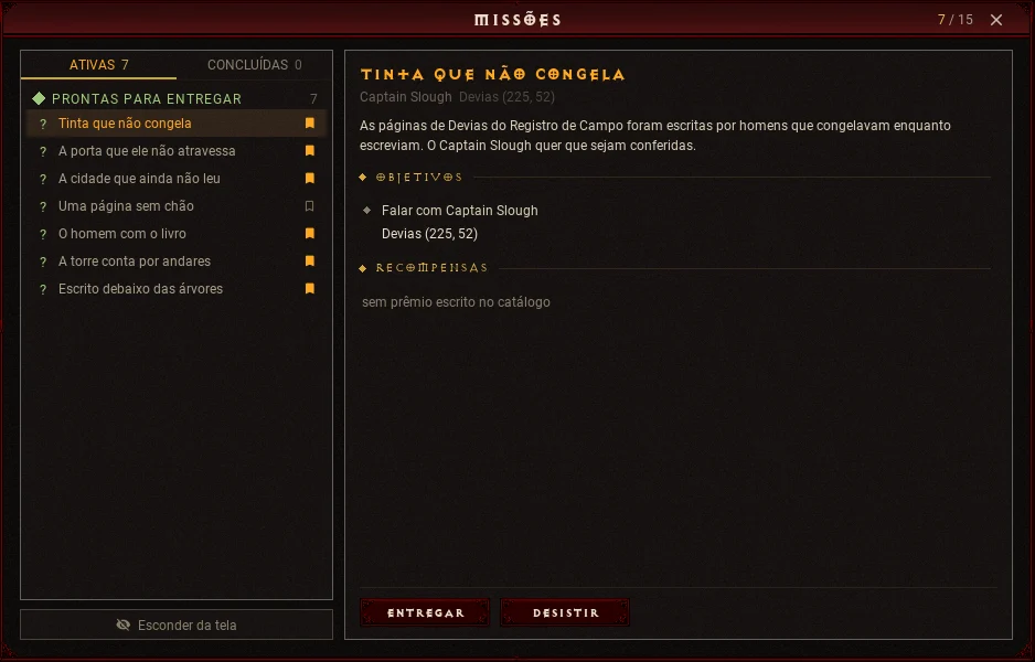 Janela de missões do Captain Slough no jogo